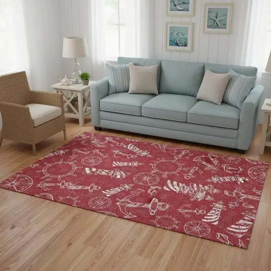 Red And Ivory Nautical Washable Area Rug With UV Protection Photo 1