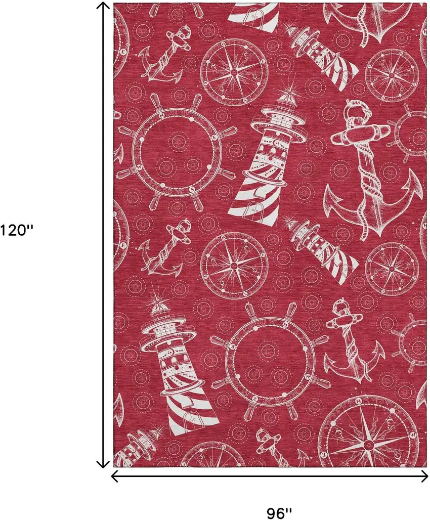 Red And Ivory Nautical Washable Area Rug With UV Protection Photo 3