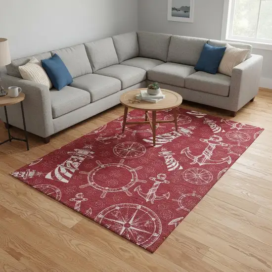 Red And Ivory Nautical Washable Area Rug With UV Protection Photo 1