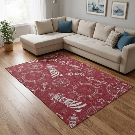Red And Ivory Nautical Washable Area Rug With UV Protection Photo 1