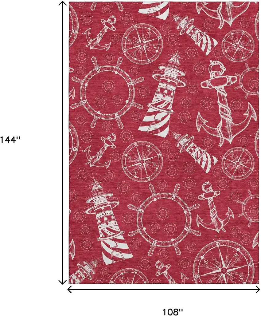 Red And Ivory Nautical Washable Area Rug With UV Protection Photo 3