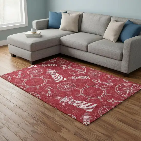Red And Ivory Nautical Washable Area Rug With UV Protection Photo 2