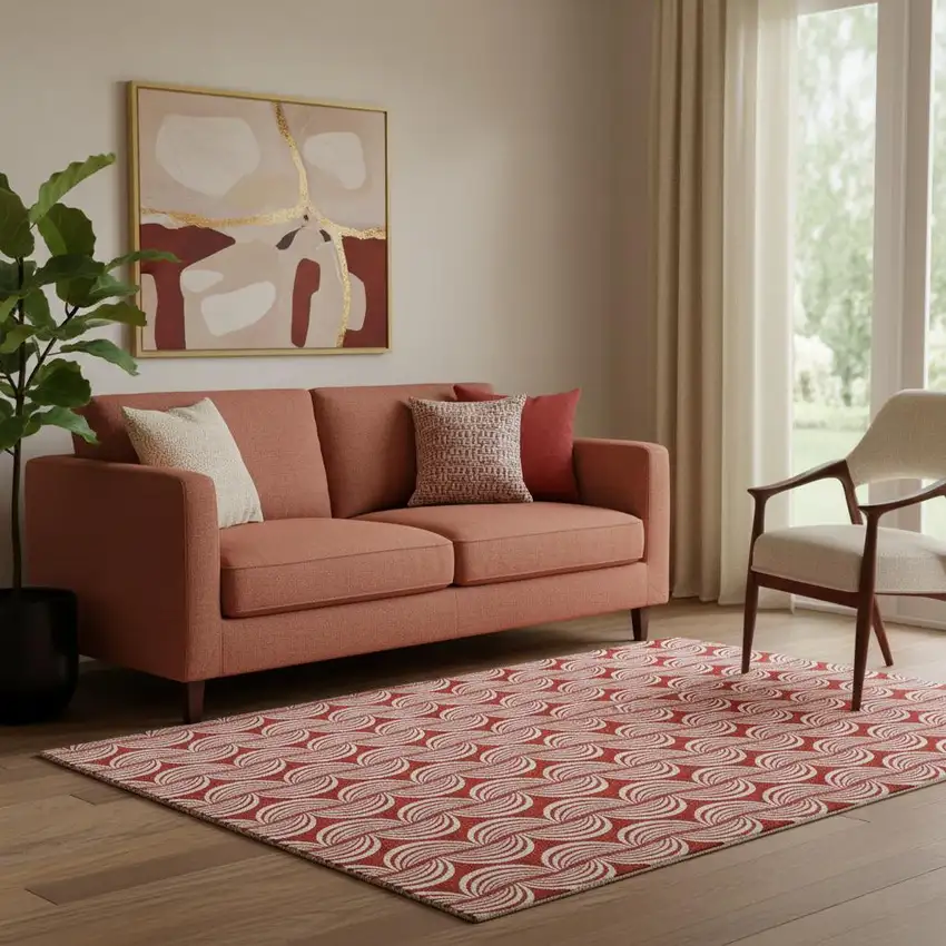 Red And Ivory Ogee Washable Area Rug With UV Protection Photo 2