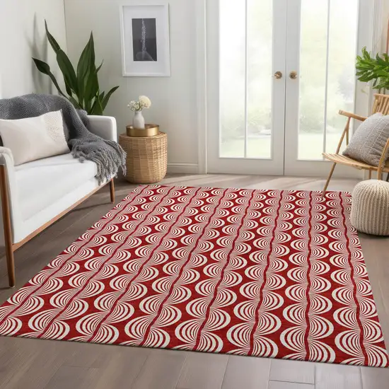 Red And Ivory Ogee Washable Area Rug With UV Protection Photo 5