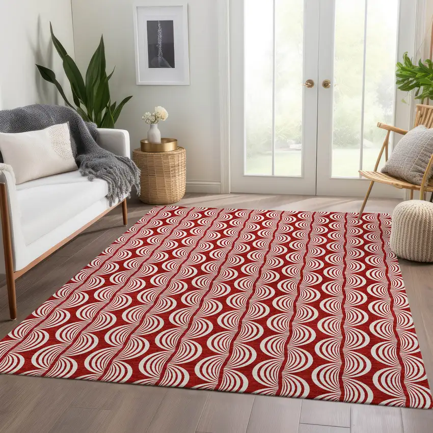 Red And Ivory Ogee Washable Area Rug With UV Protection Photo 5
