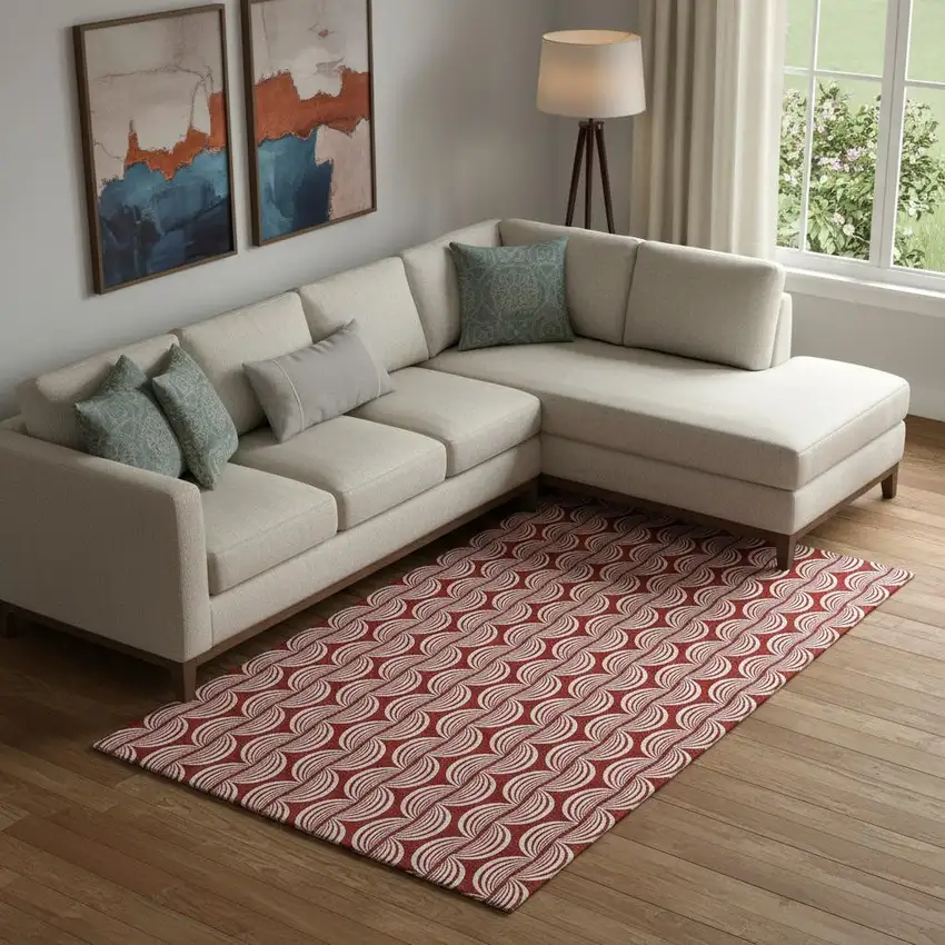 Red And Ivory Ogee Washable Area Rug With UV Protection Photo 2