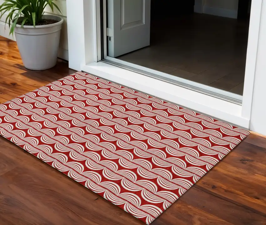 Red And Ivory Ogee Washable Indoor Outdoor Area Rug Photo 1