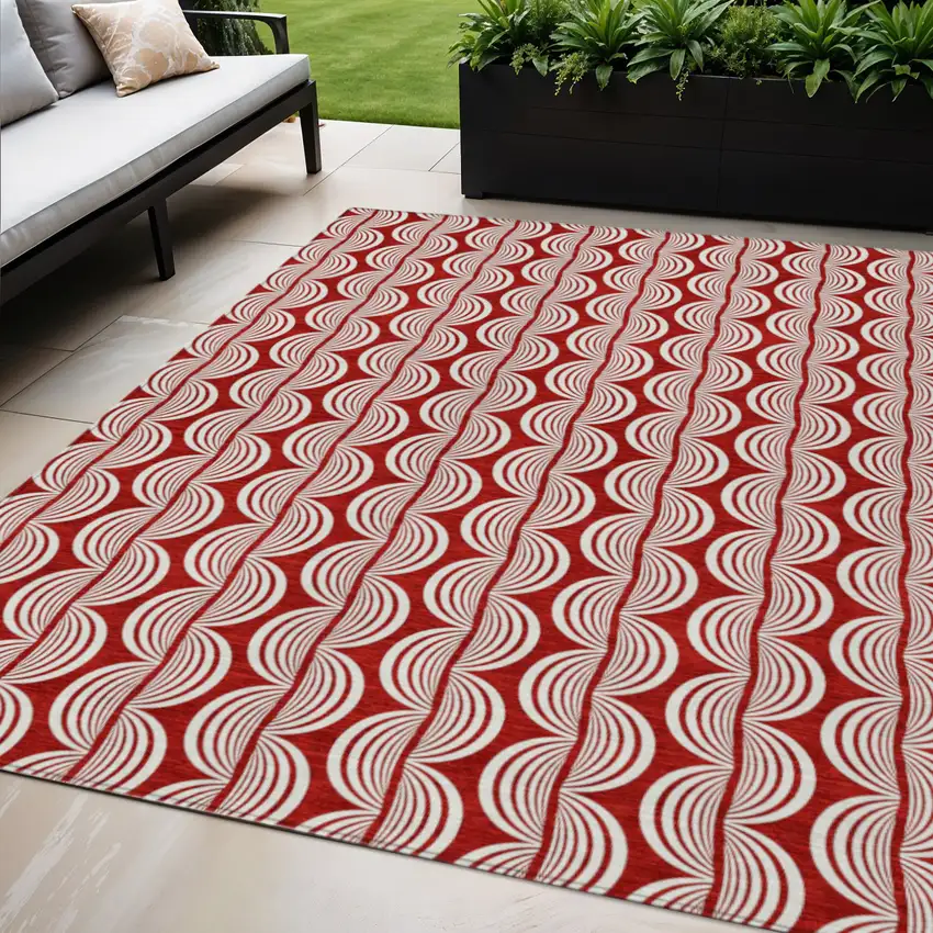 Red And Ivory Ogee Washable Indoor Outdoor Area Rug Photo 1