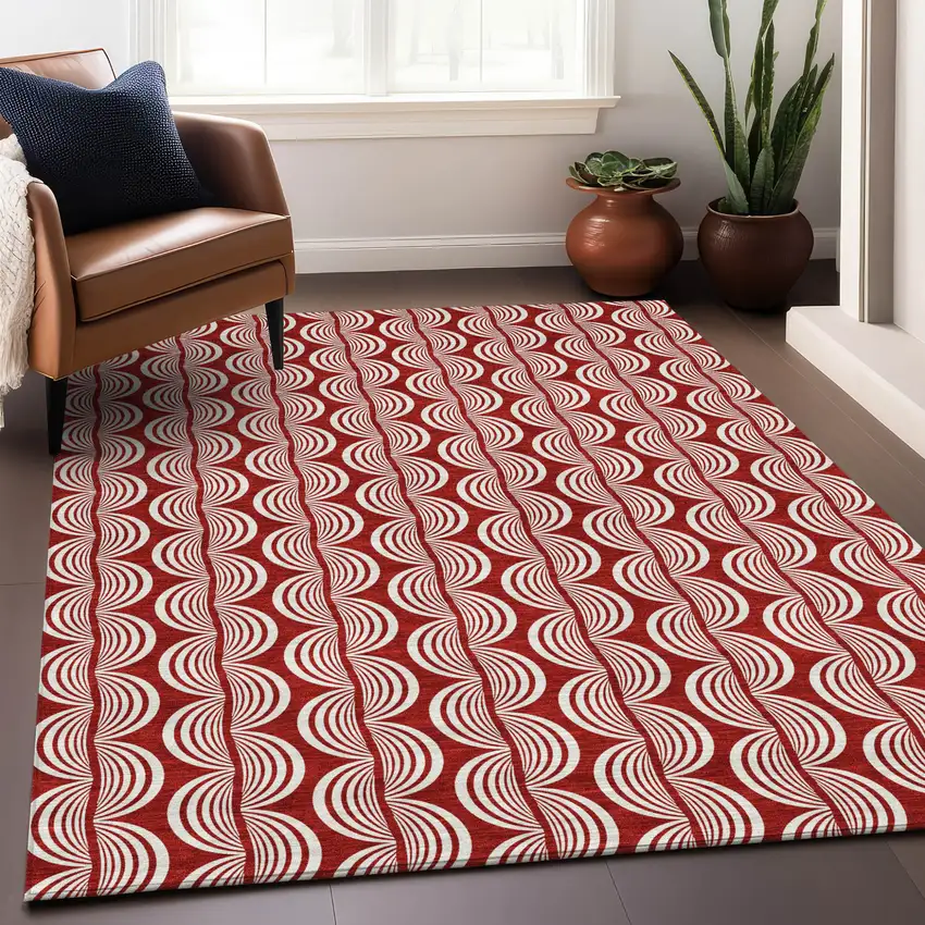 Red And Ivory Ogee Washable Indoor Outdoor Area Rug Photo 8