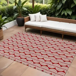 Photo of Red And Ivory Ogee Washable Indoor Outdoor Area Rug