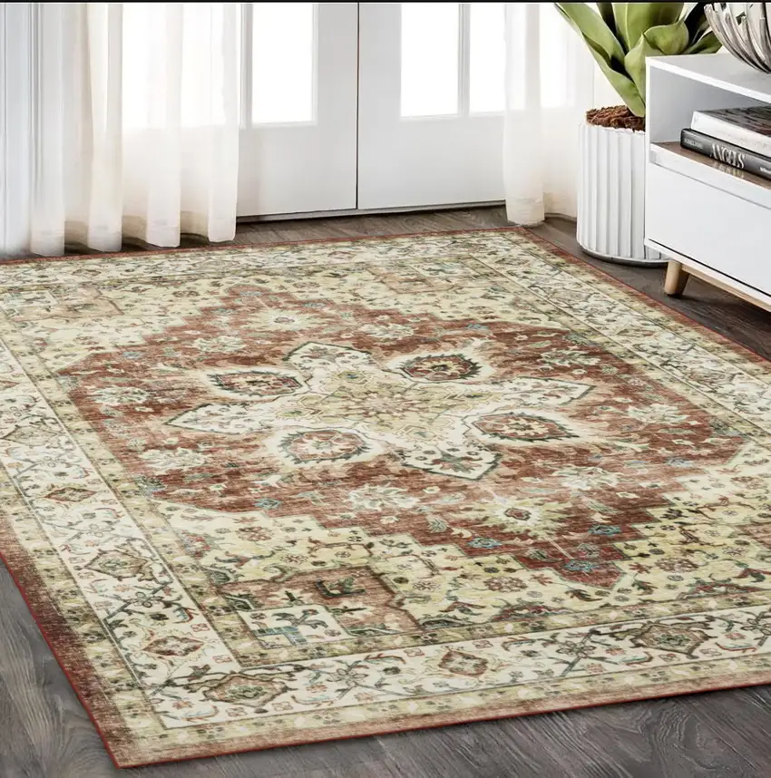 Red And Ivory Oriental Distressed Area Rug Photo 1