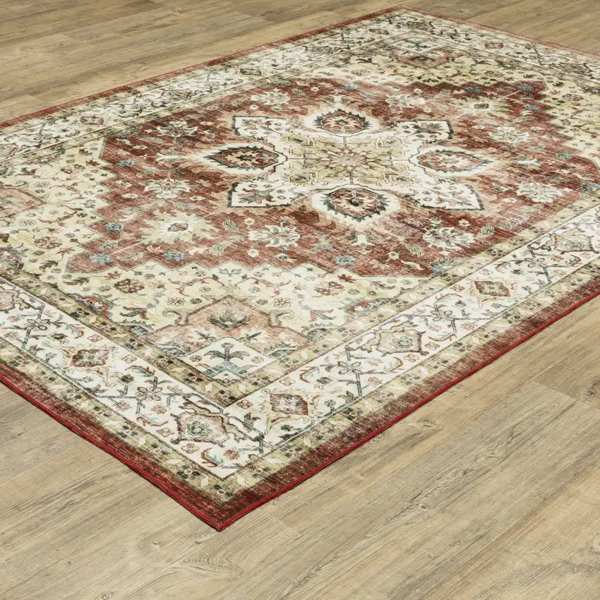 Red And Ivory Oriental Distressed Area Rug Photo 9