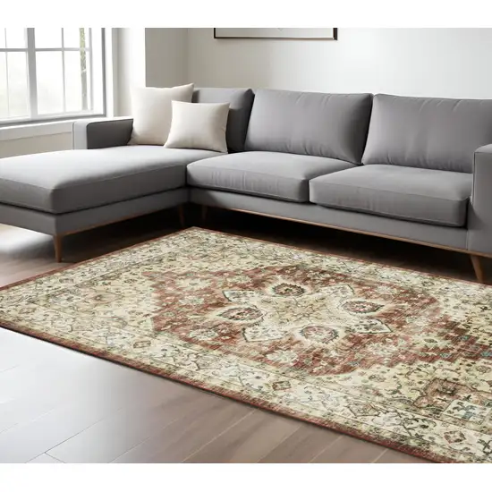 Red And Ivory Oriental Distressed Area Rug Photo 1
