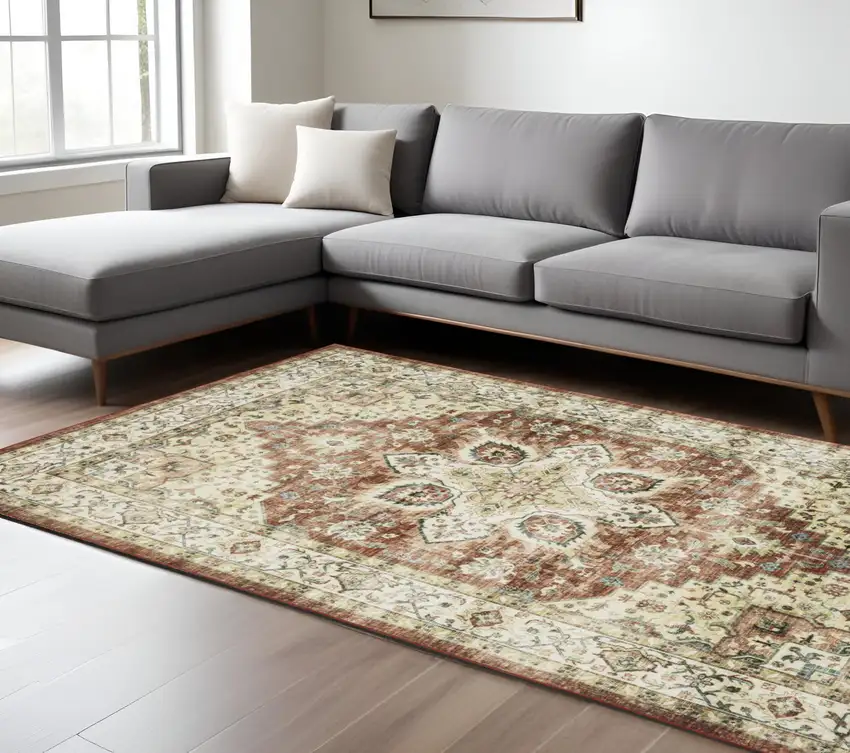 Red And Ivory Oriental Distressed Area Rug Photo 1