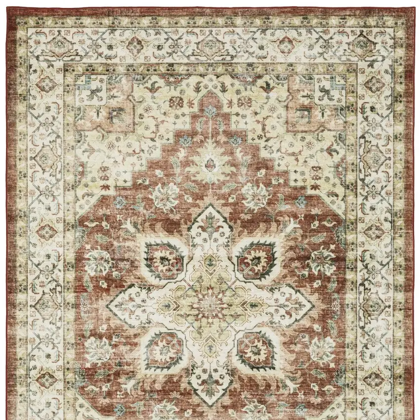 Red And Ivory Oriental Distressed Area Rug Photo 5
