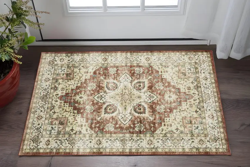 Red And Ivory Oriental Distressed Area Rug Photo 1
