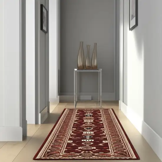 12' Red And Ivory Genuine Wool Oriental Runner Rug With Fringe Photo 1