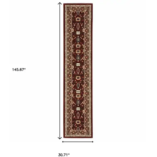 12' Red And Ivory Genuine Wool Oriental Runner Rug With Fringe Photo 3