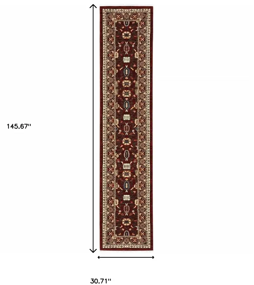 12' Red And Ivory Genuine Wool Oriental Runner Rug With Fringe Photo 3