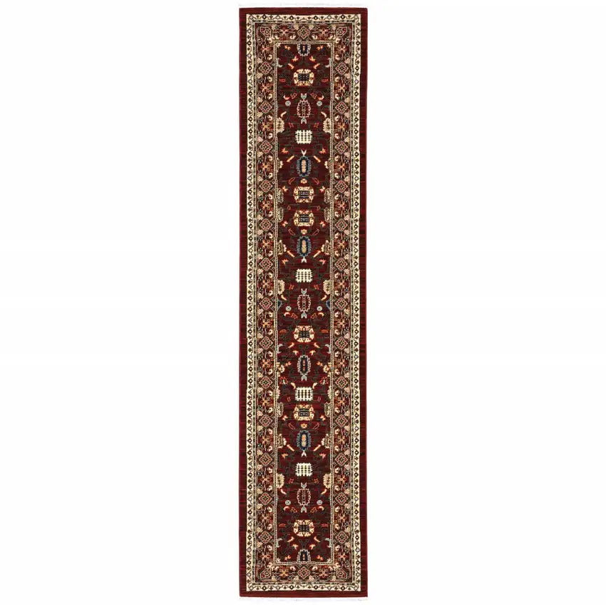 Red And Ivory Oriental Power Loom Runner Rug With Fringe Photo 1