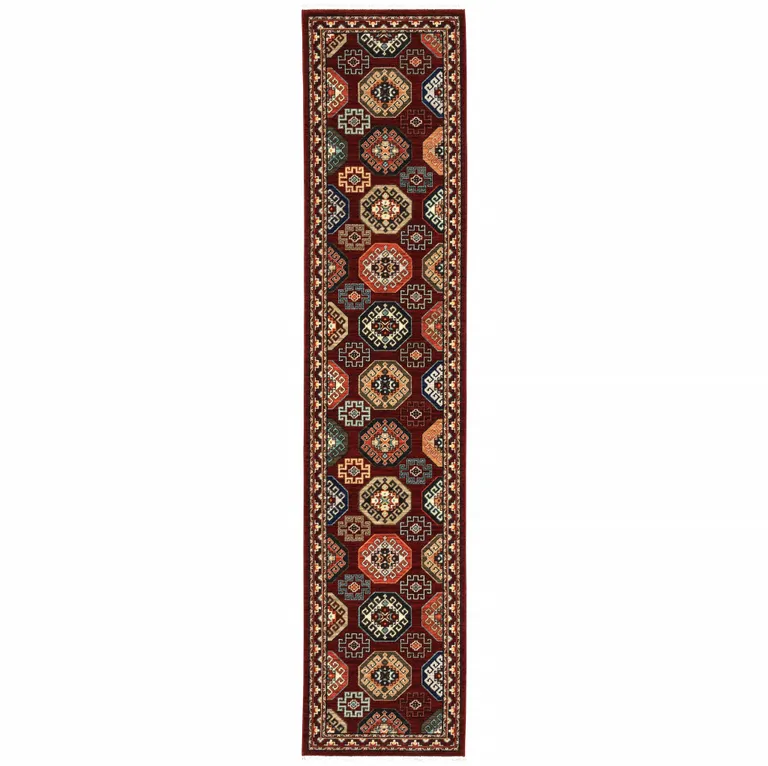 Red And Ivory Oriental Power Loom Runner Rug With Fringe Photo 3