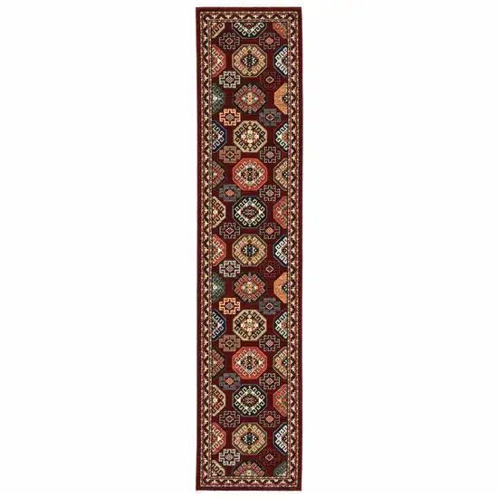 12' Red And Ivory Genuine Wool Oriental Runner Rug With Fringe Photo 2