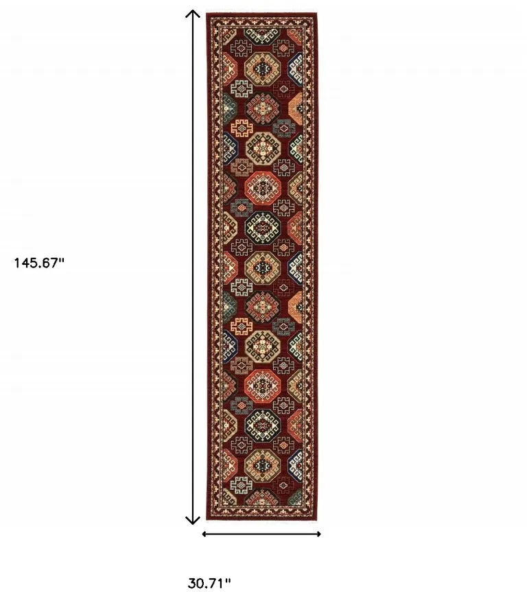 Red And Ivory Oriental Power Loom Runner Rug With Fringe Photo 4