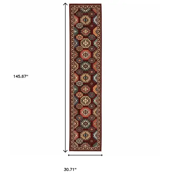 12' Red And Ivory Genuine Wool Oriental Runner Rug With Fringe Photo 3