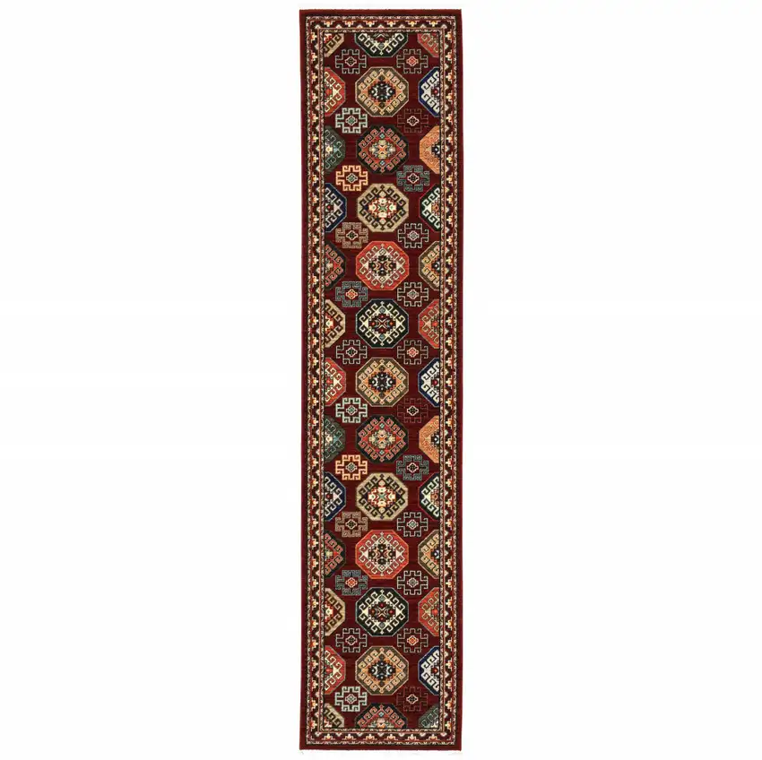 Red And Ivory Oriental Power Loom Runner Rug With Fringe Photo 1