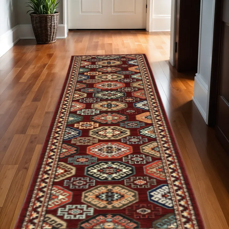 Red And Ivory Oriental Power Loom Runner Rug With Fringe Photo 2