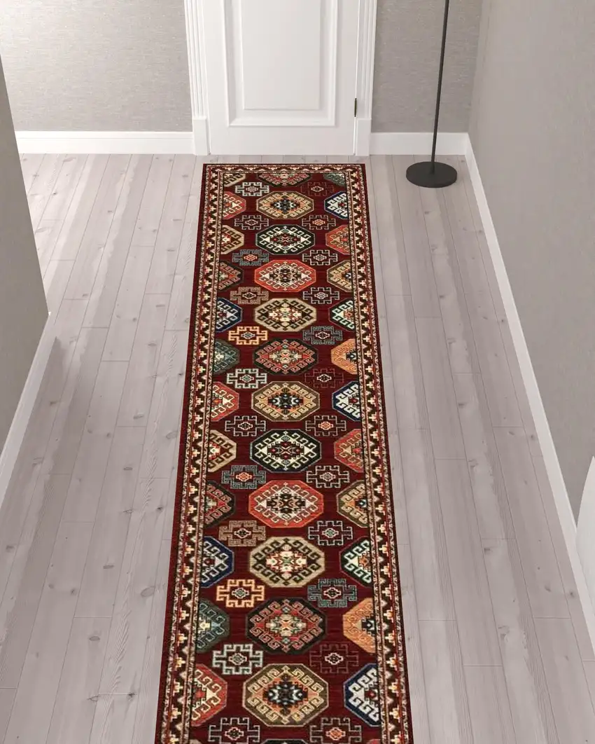 Red And Ivory Oriental Power Loom Runner Rug With Fringe Photo 3
