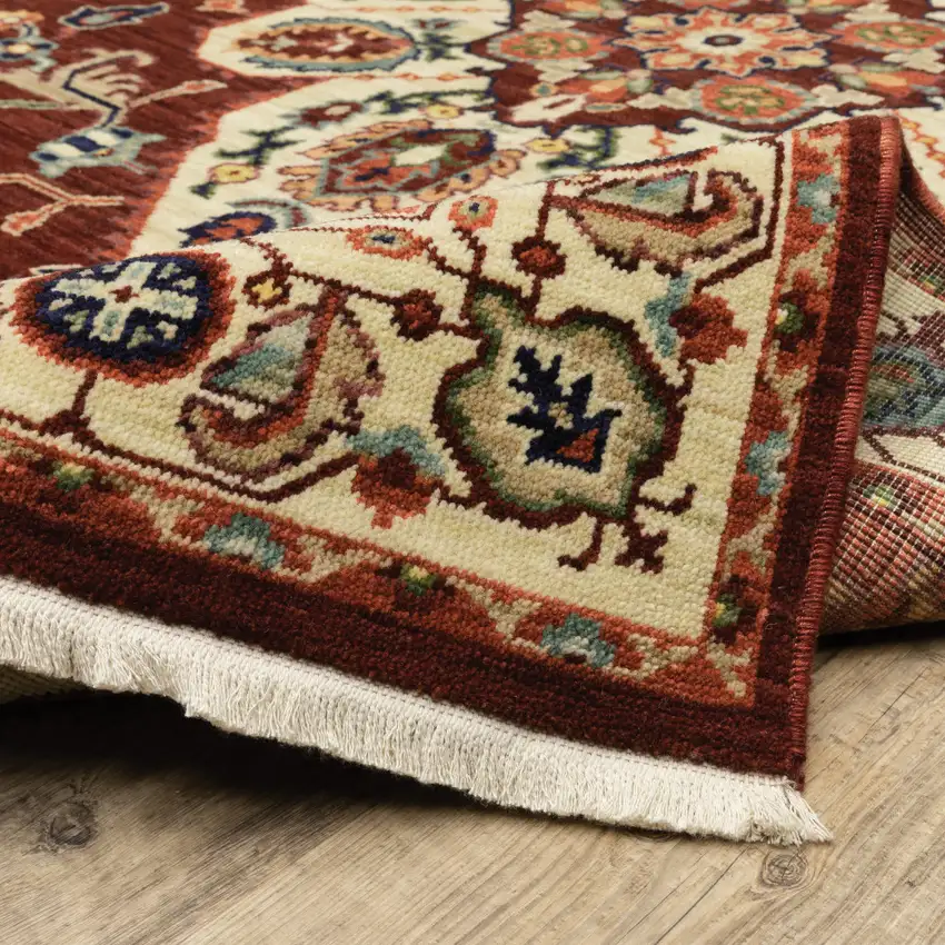 Red And Ivory Oriental Power Loom Runner Rug With Fringe Photo 8