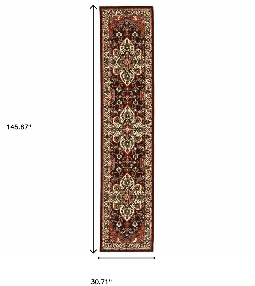 Red And Ivory Oriental Power Loom Runner Rug With Fringe Photo 9