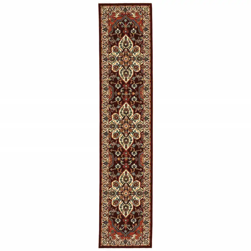 Red And Ivory Oriental Power Loom Runner Rug With Fringe Photo 2