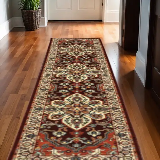 12' Red And Ivory Genuine Wool Oriental Runner Rug With Fringe Photo 1