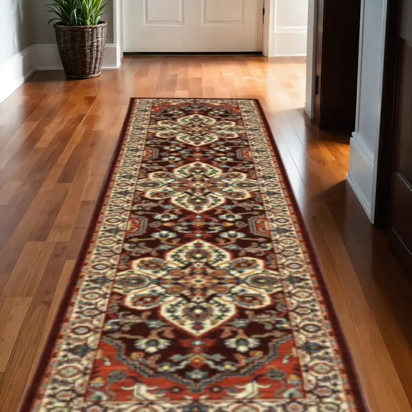 12' Red And Ivory Genuine Wool Oriental Runner Rug With Fringe Photo 1