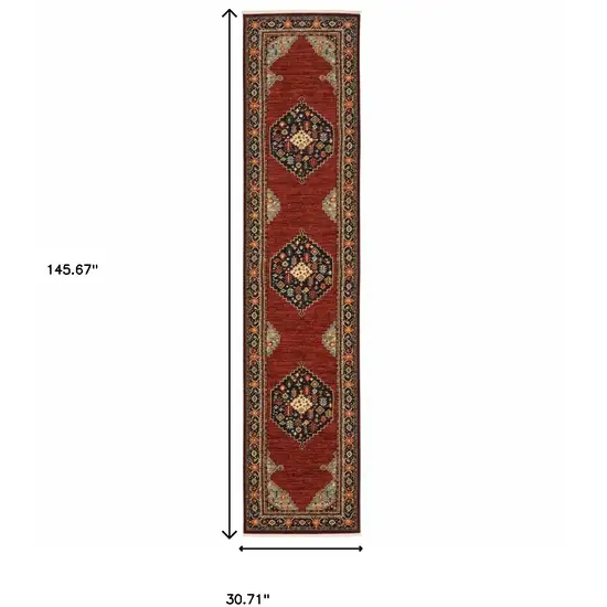 12' Red And Ivory Genuine Wool Oriental Runner Rug With Fringe Photo 3