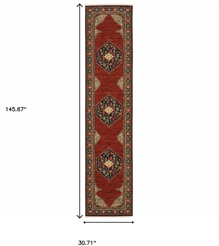 12' Red And Ivory Genuine Wool Oriental Runner Rug With Fringe Photo 3