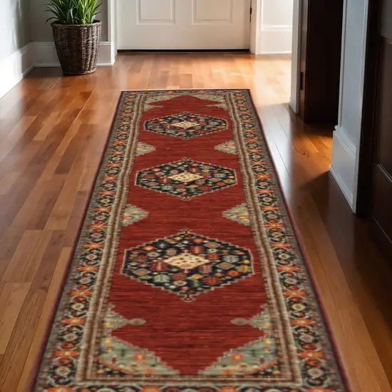 12' Red And Ivory Genuine Wool Oriental Runner Rug With Fringe Photo 1