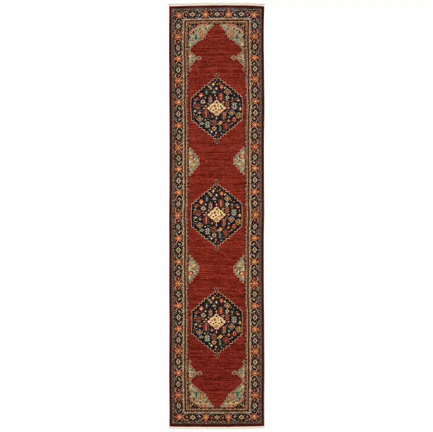 Red And Ivory Oriental Power Loom Runner Rug With Fringe Photo 1