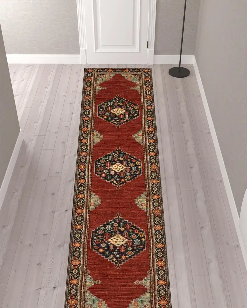 Red And Ivory Oriental Power Loom Runner Rug With Fringe Photo 2
