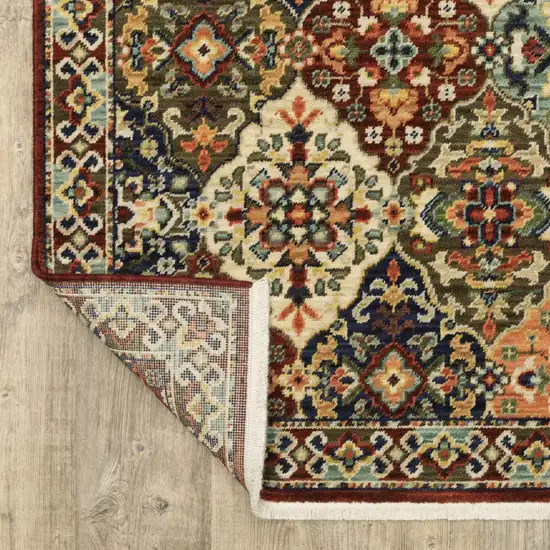 Red And Ivory Oriental Power Loom Runner Rug With Fringe Photo 5