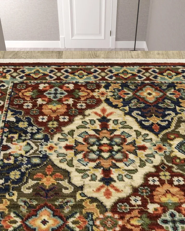 Red And Ivory Oriental Power Loom Runner Rug With Fringe Photo 2