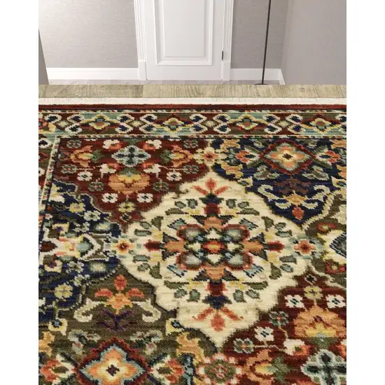 Red And Ivory Oriental Power Loom Runner Rug With Fringe Photo 2