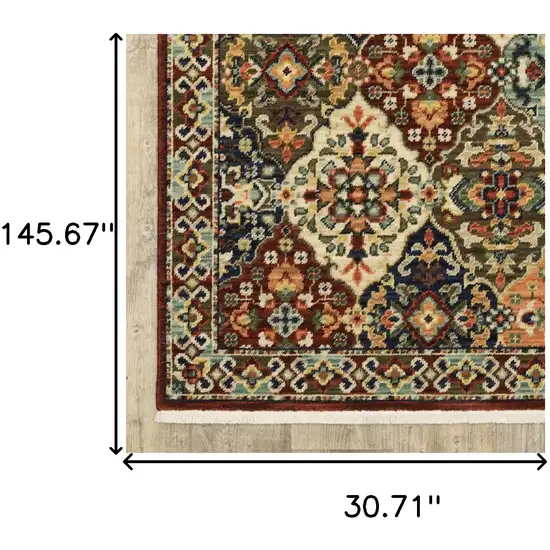 Red And Ivory Oriental Power Loom Runner Rug With Fringe Photo 8