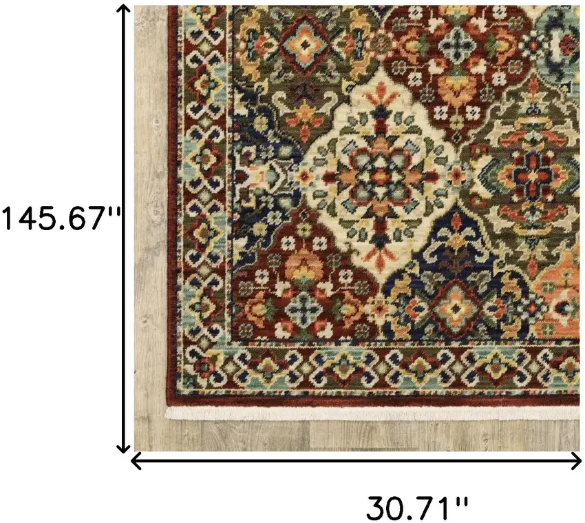 Red And Ivory Oriental Power Loom Runner Rug With Fringe Photo 8