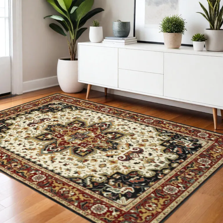Red And Ivory Oriental Power Loom Stain Resistant Area Rug Photo 5