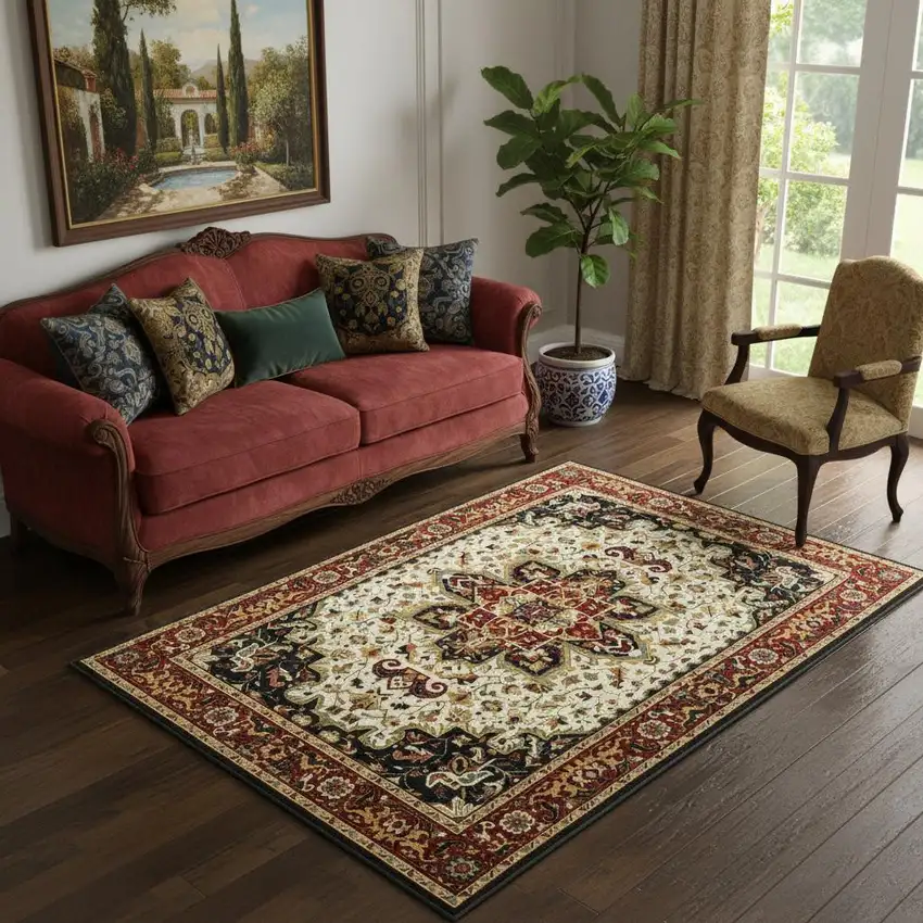 Red And Ivory Oriental Power Loom Stain Resistant Area Rug Photo 1