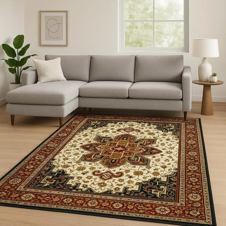 Red And Ivory Oriental Power Loom Stain Resistant Area Rug Photo 1