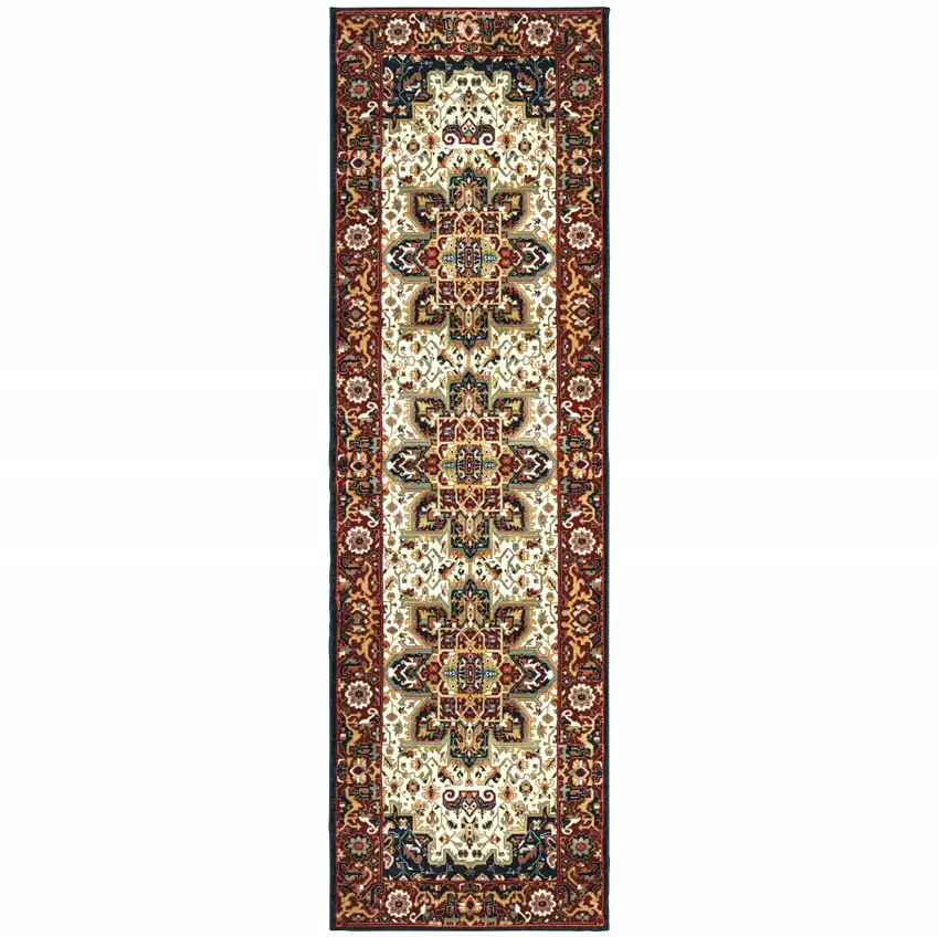 Red And Ivory Oriental Power Loom Stain Resistant Runner Rug Photo 1